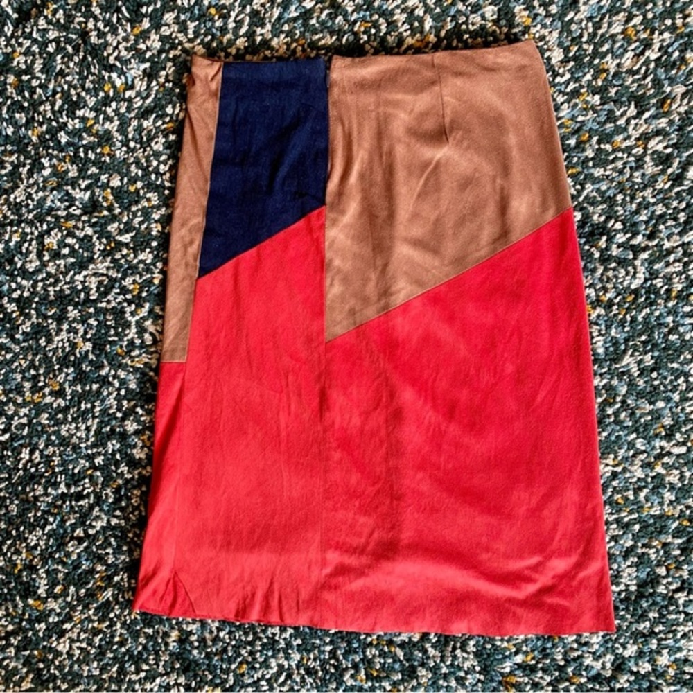 Unique 90s Vintage Microsuede & Denim Midi Skirt sz 6 - Picture 3 of 11